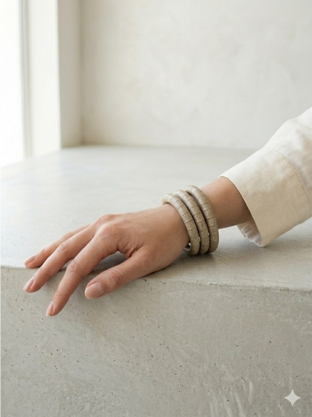 Beige Reptile Embossed Leather 3 Bangle Stackable Set